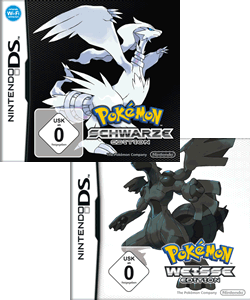 Dies sind die deutschen Verpackungen von Pokémon Schwarz & Weiß.